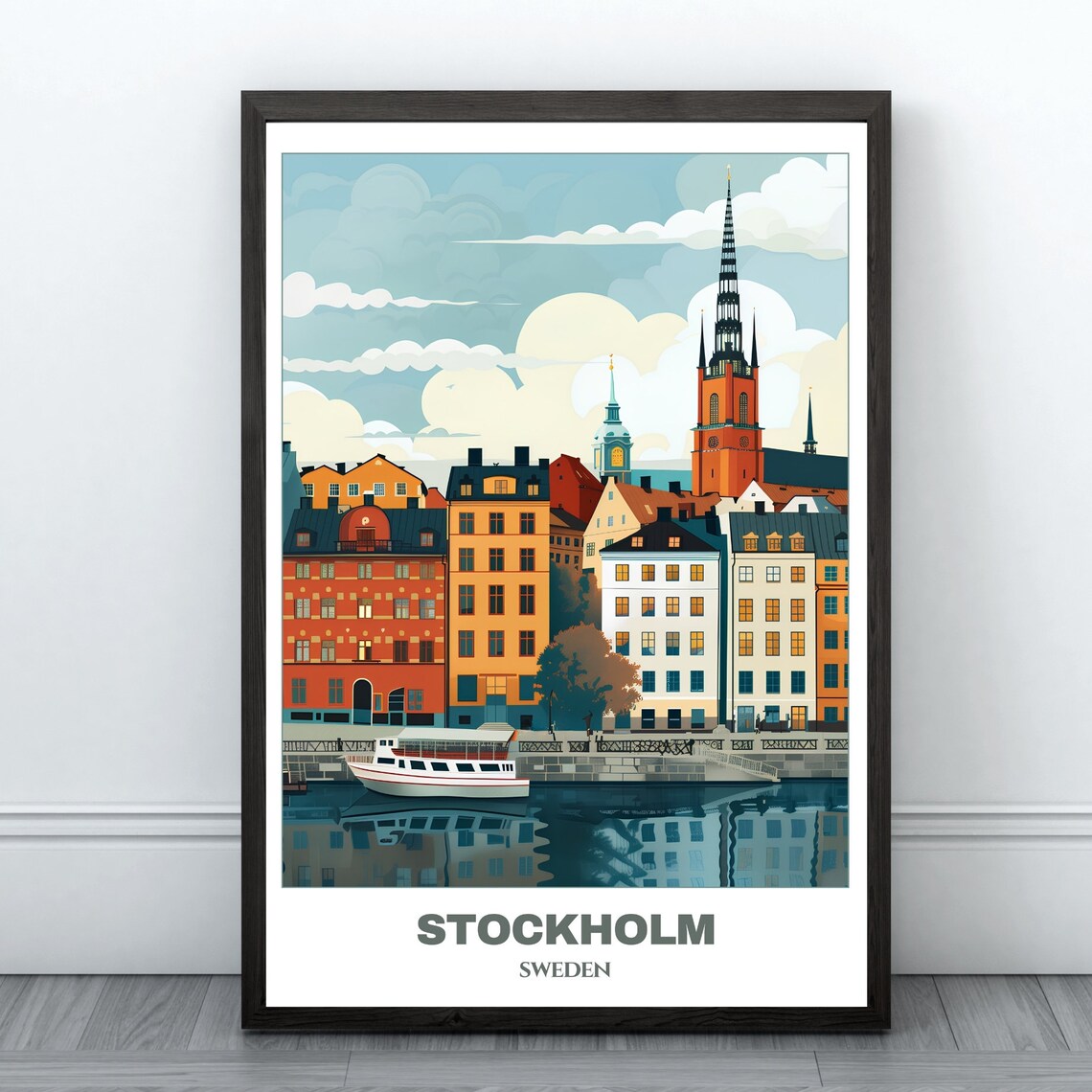 Stockholm Sweden Historic Waterfront Row Church Spire Ferry Poster