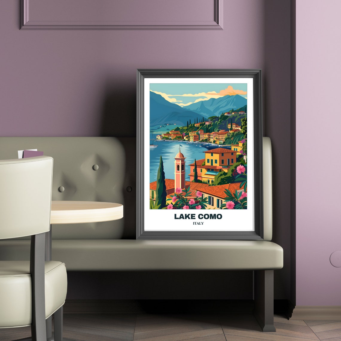 Lovely Lake Como Italy Pink Bell Tower Hillside Town Travel Poster - Image 2