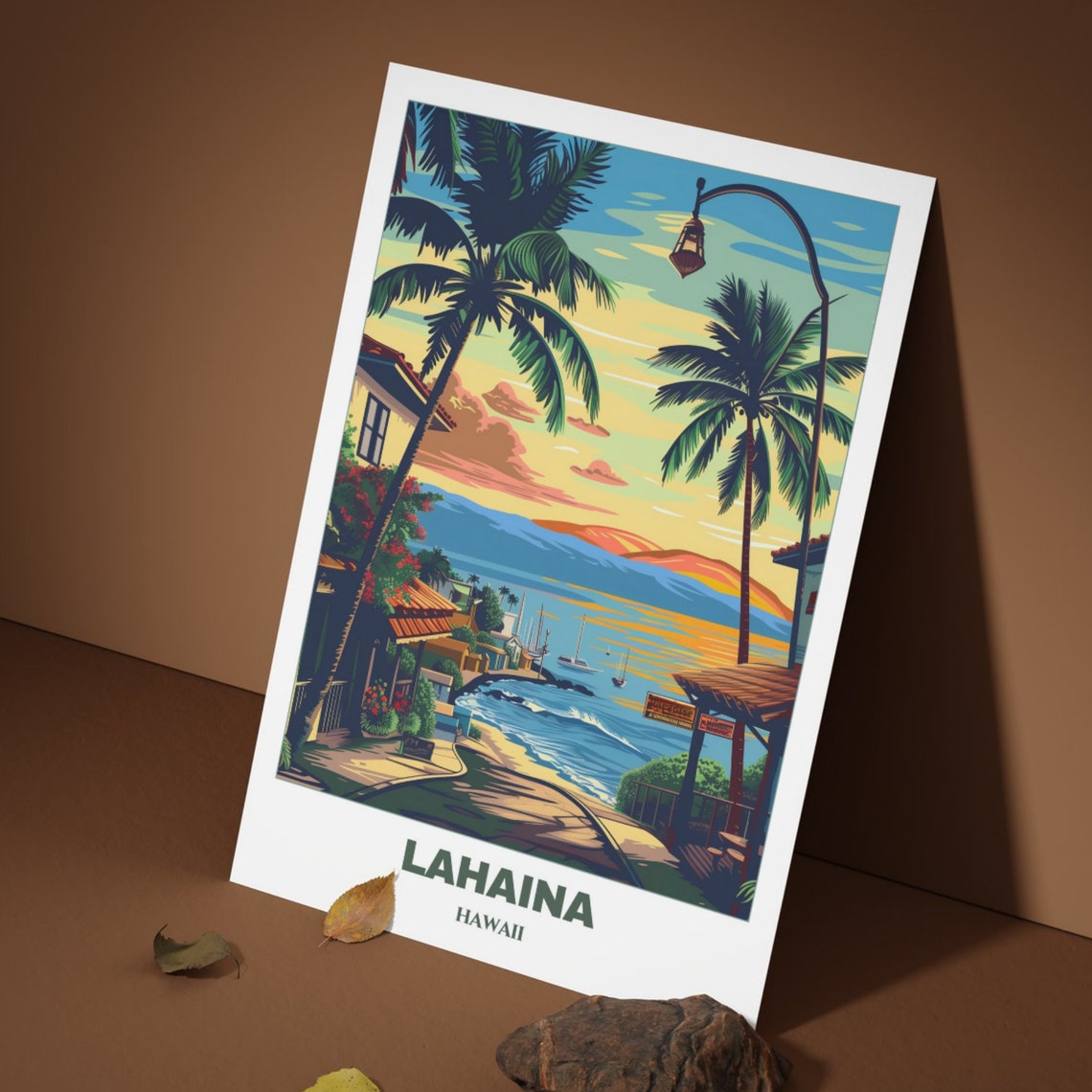 Lahaina Hawaii Sunset Sailboats Palm Lined Shore Travel Poster - Image 3