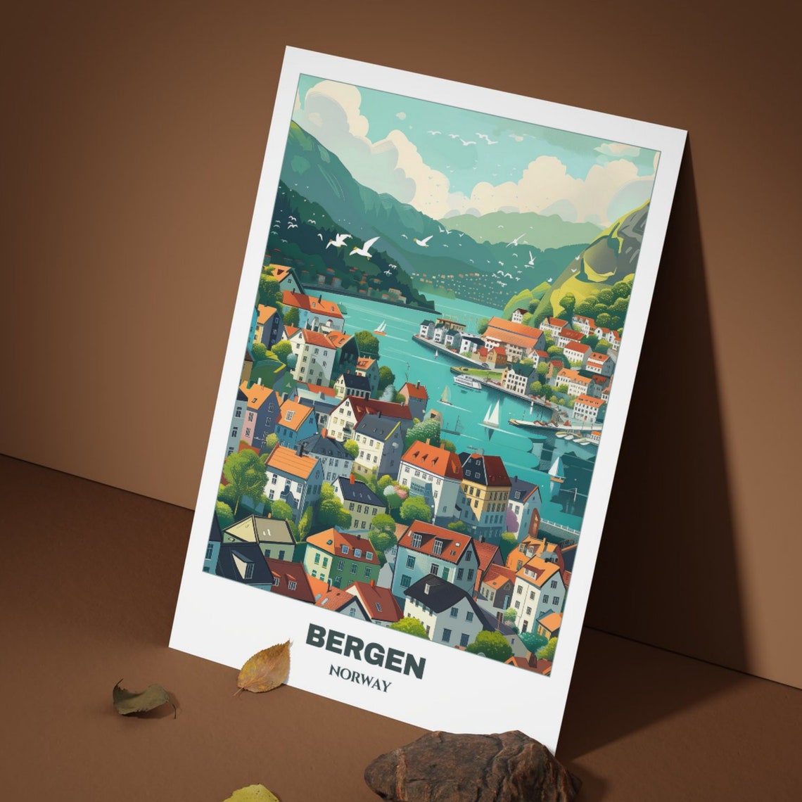 Bergen Aerial View Colorful Houses Harbor Sailboats Seagulls Poster - Image 3