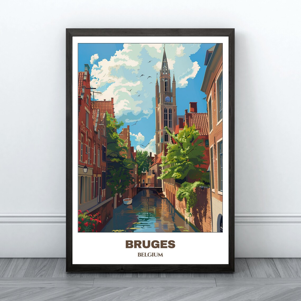 Bruges Belgium Canal Belfry Tower Medieval Street Travel Poster