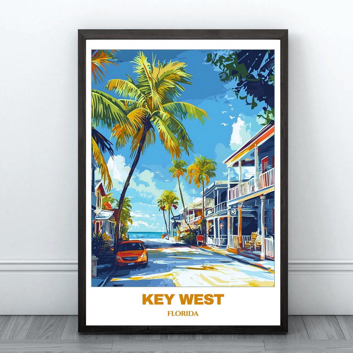 Key West Florida Palm Lined Street Classic Car Vintage Travel Poster