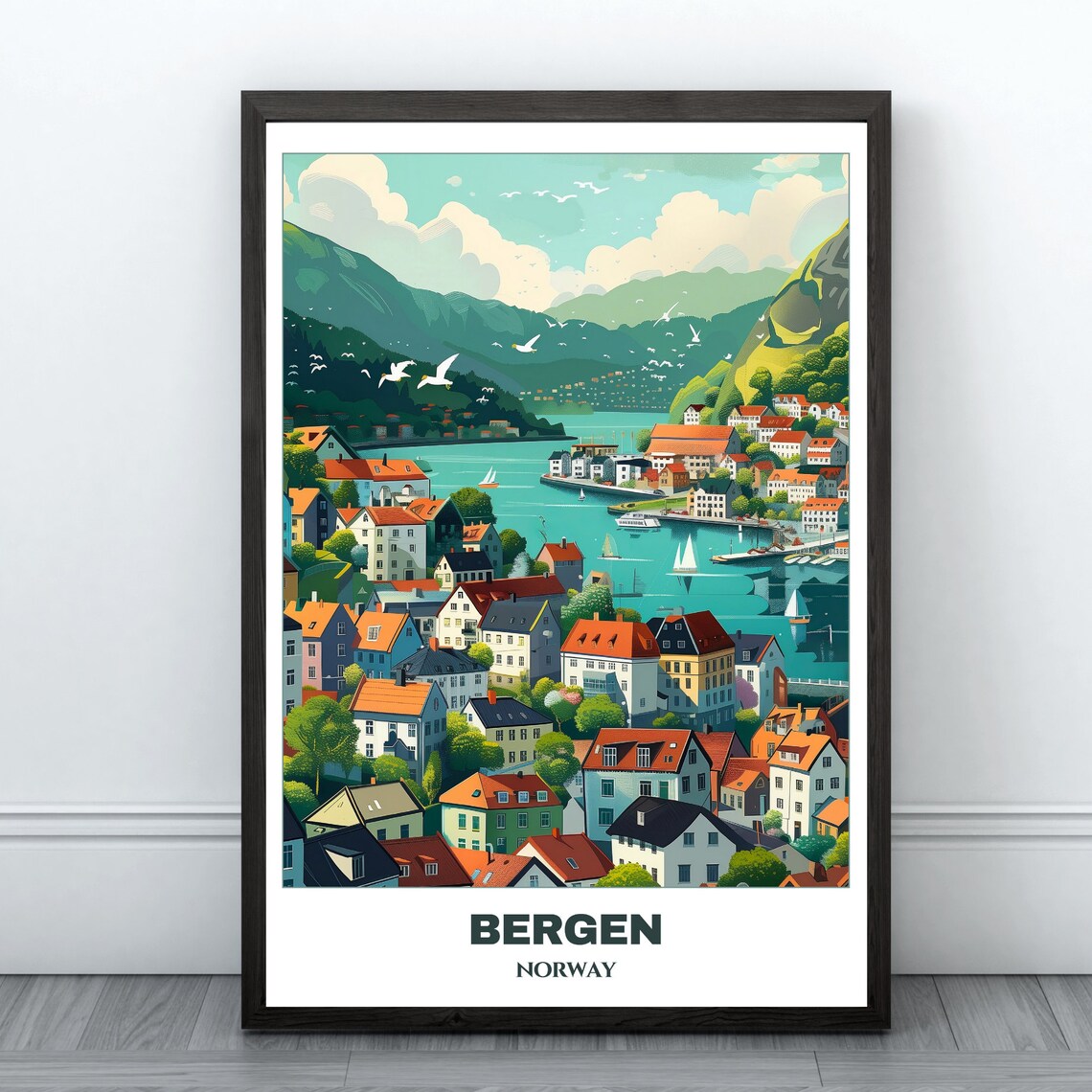 Bergen Aerial View Colorful Houses Harbor Sailboats Seagulls Poster