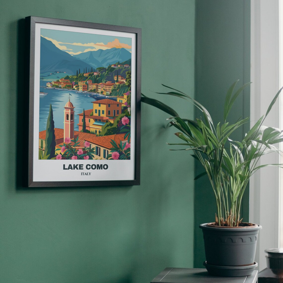 Lovely Lake Como Italy Pink Bell Tower Hillside Town Travel Poster - Image 5