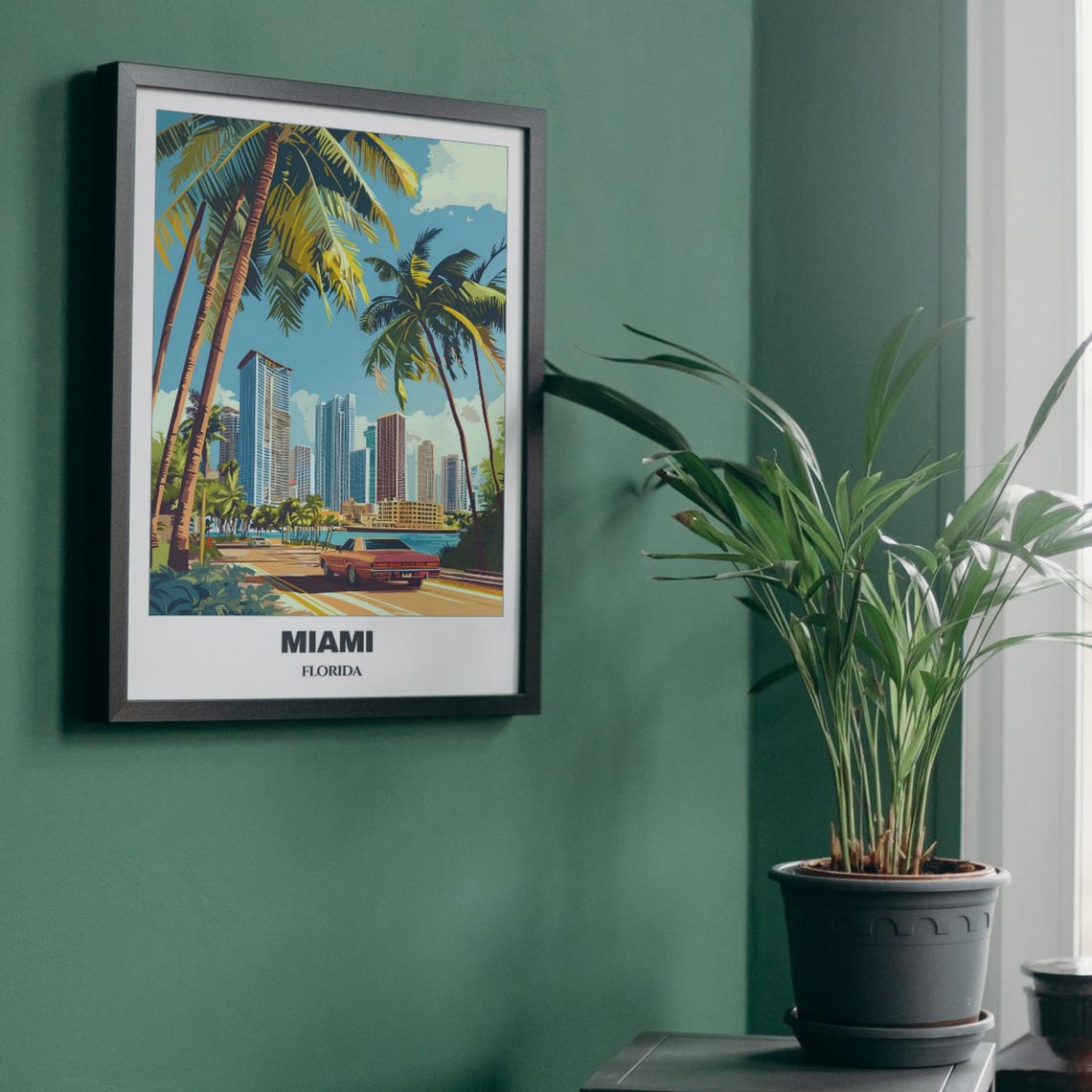 Miami Biscayne Bay Drive Classic Car Palm Trees Skyline Poster - Image 5
