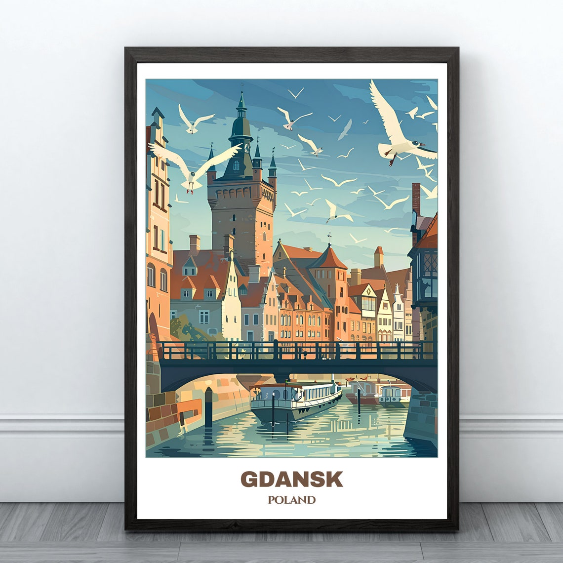 Gdansk Canal Bridge Historic Town Ferry Boat Seagulls Poster