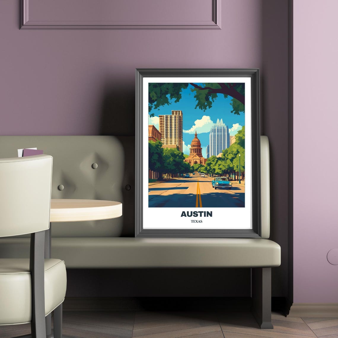 Austin Congress Avenue Texas State Capitol Classic Car Poster - Image 2
