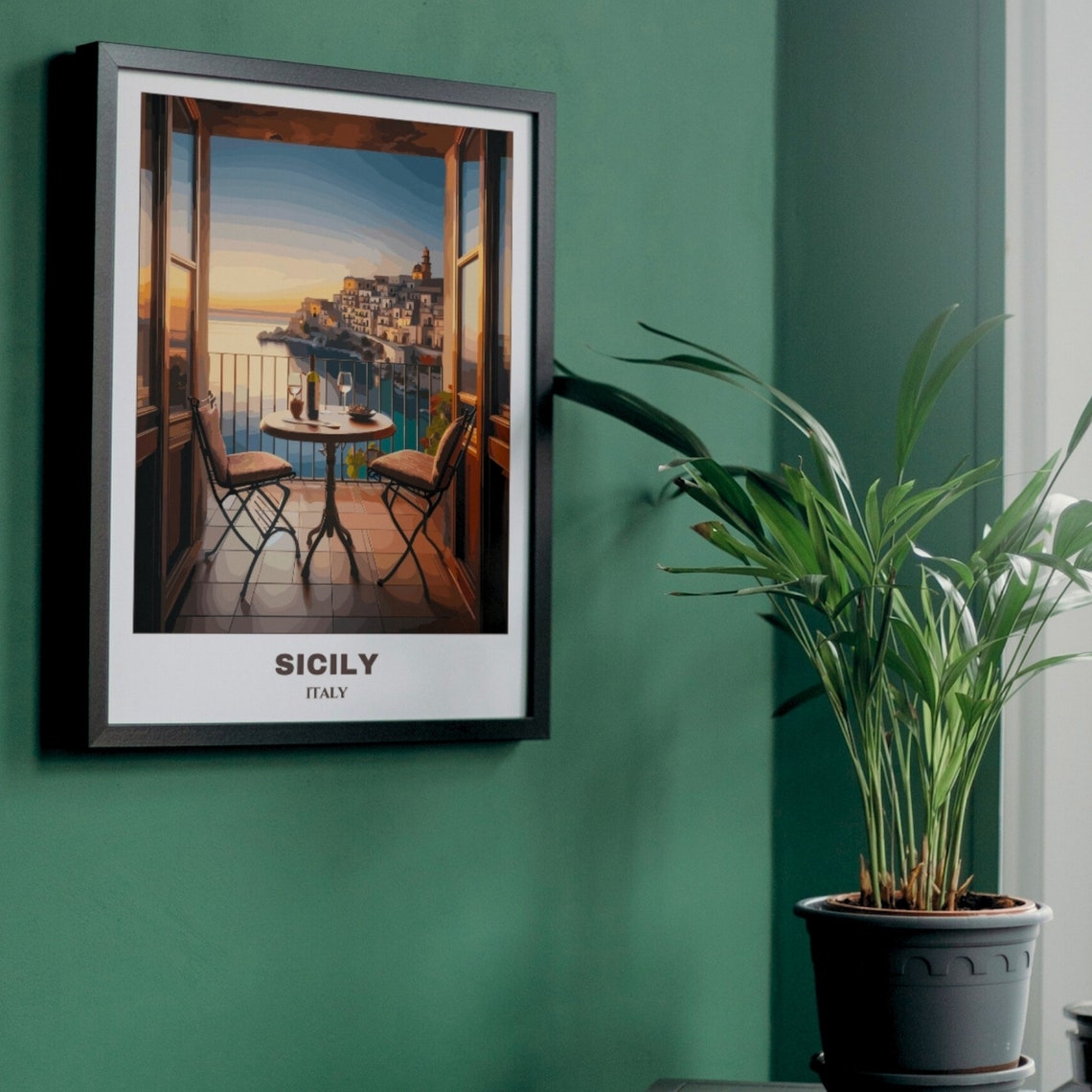 Sicily Italy Coastal Town Sunset Balcony With Wine Glasses Poster - Image 3