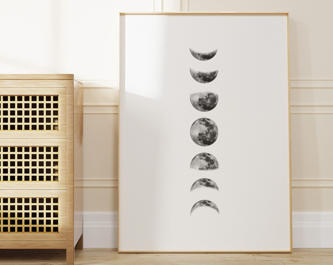Moon Phases Print, Monochrome Lunar Wall Art Chart