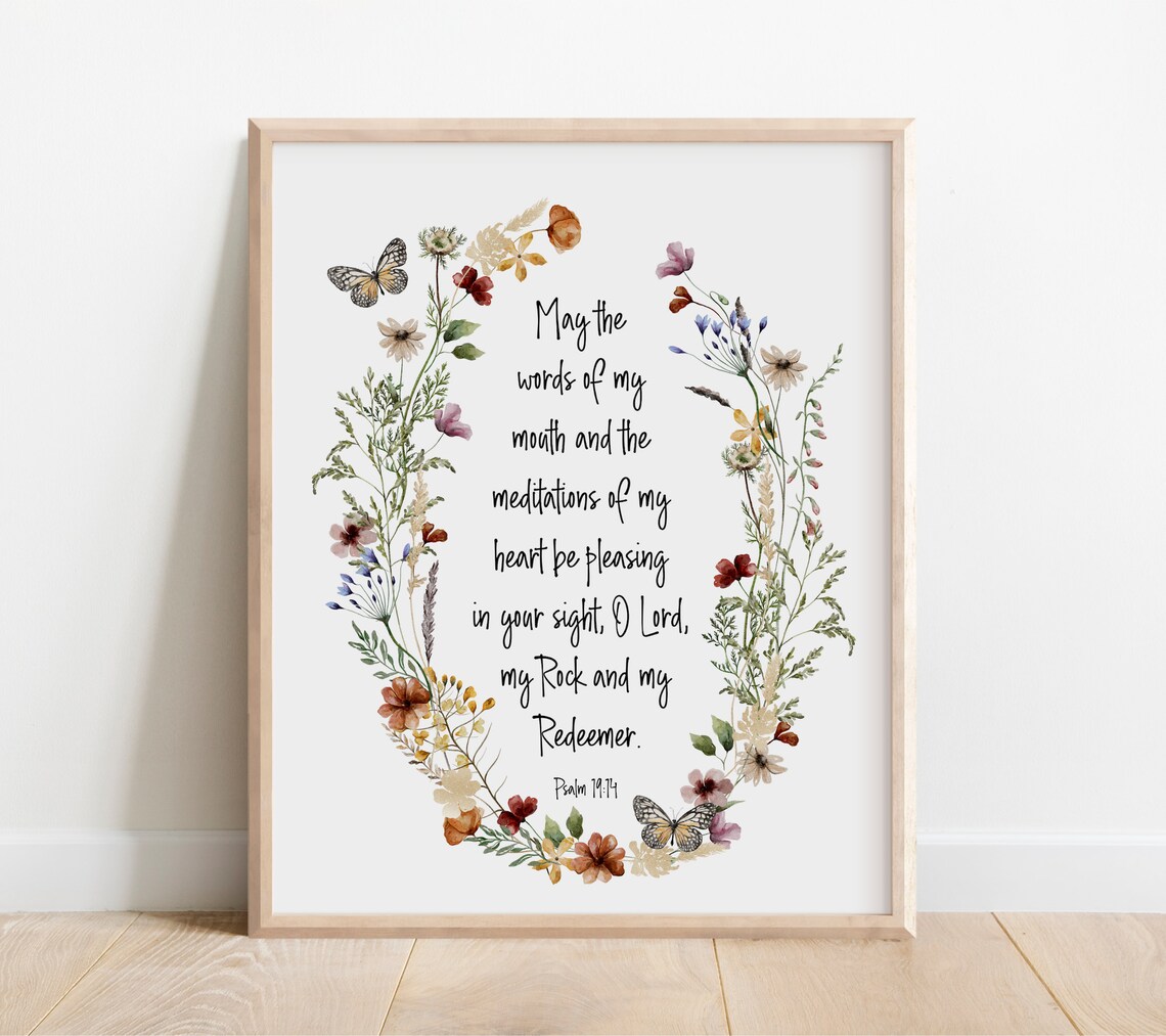 Psalm 19 14 Words of My Mouth Wildflower Butterfly Watercolor Verse Poster