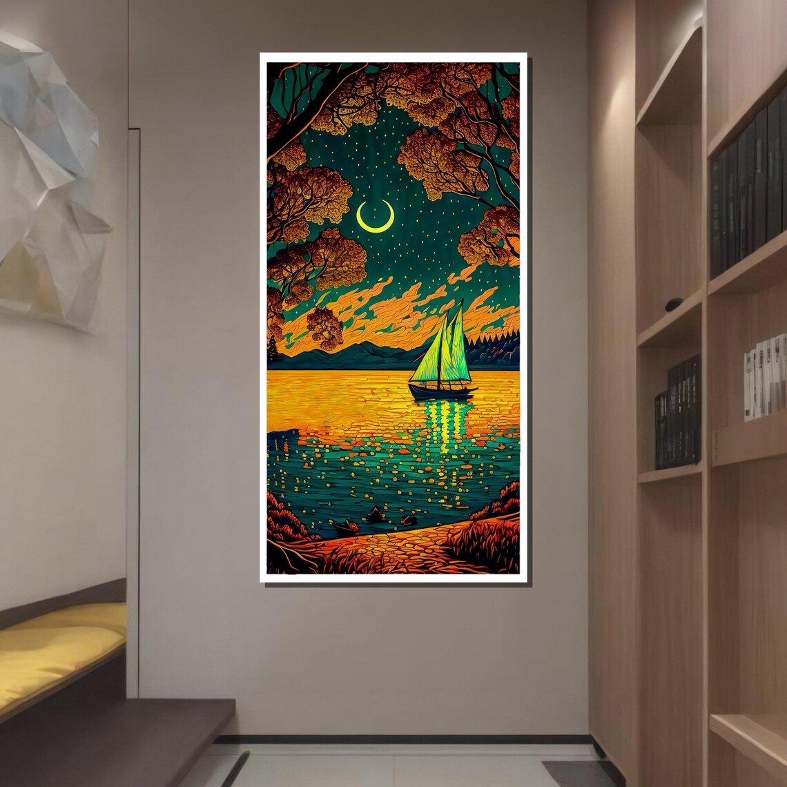 Moonlit Sailing Night Crescent Moon Golden Lake Nautical Art Poster - Image 4