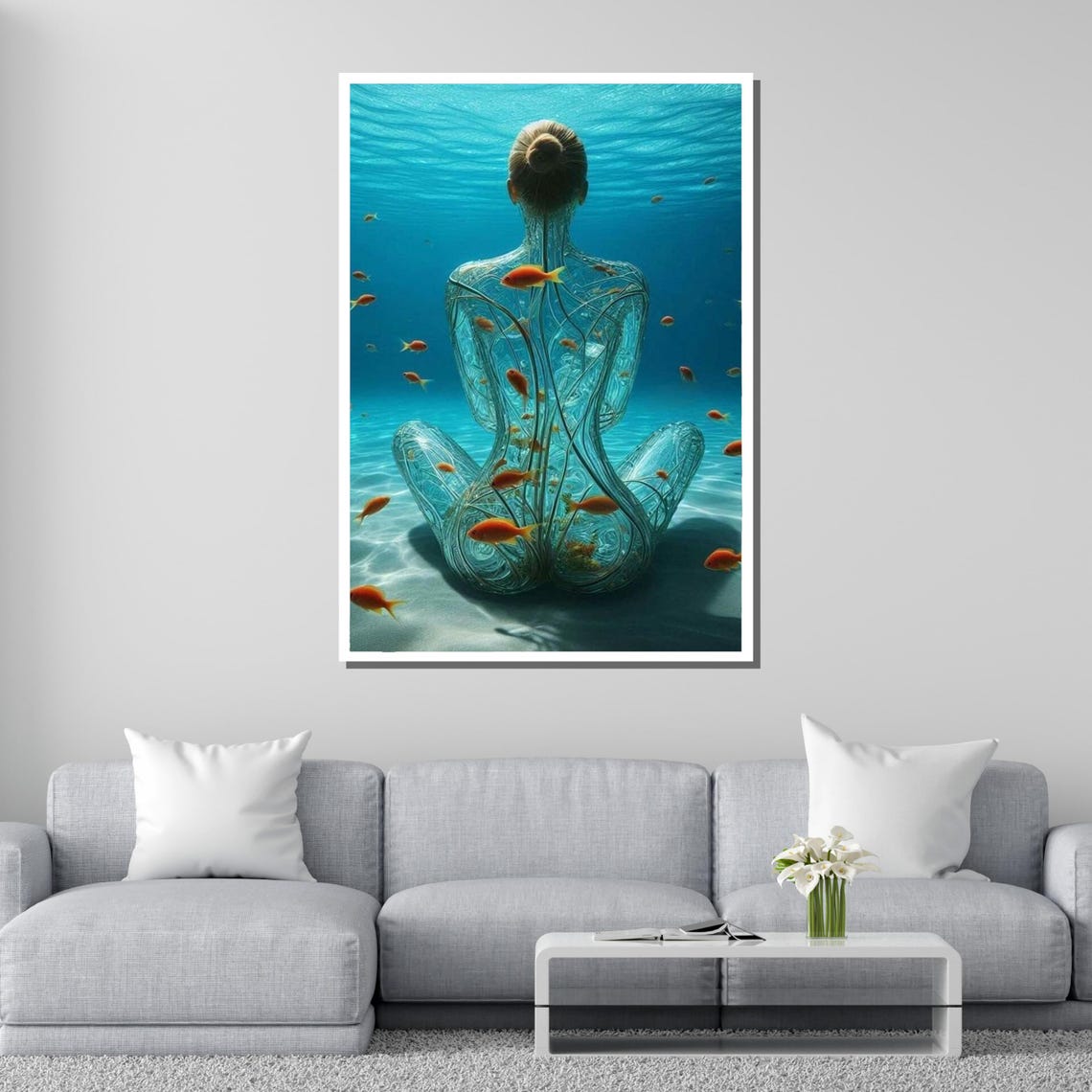 Underwater Serenity Glass Woman Meditating With Goldfish Ocean Poster - Image 4