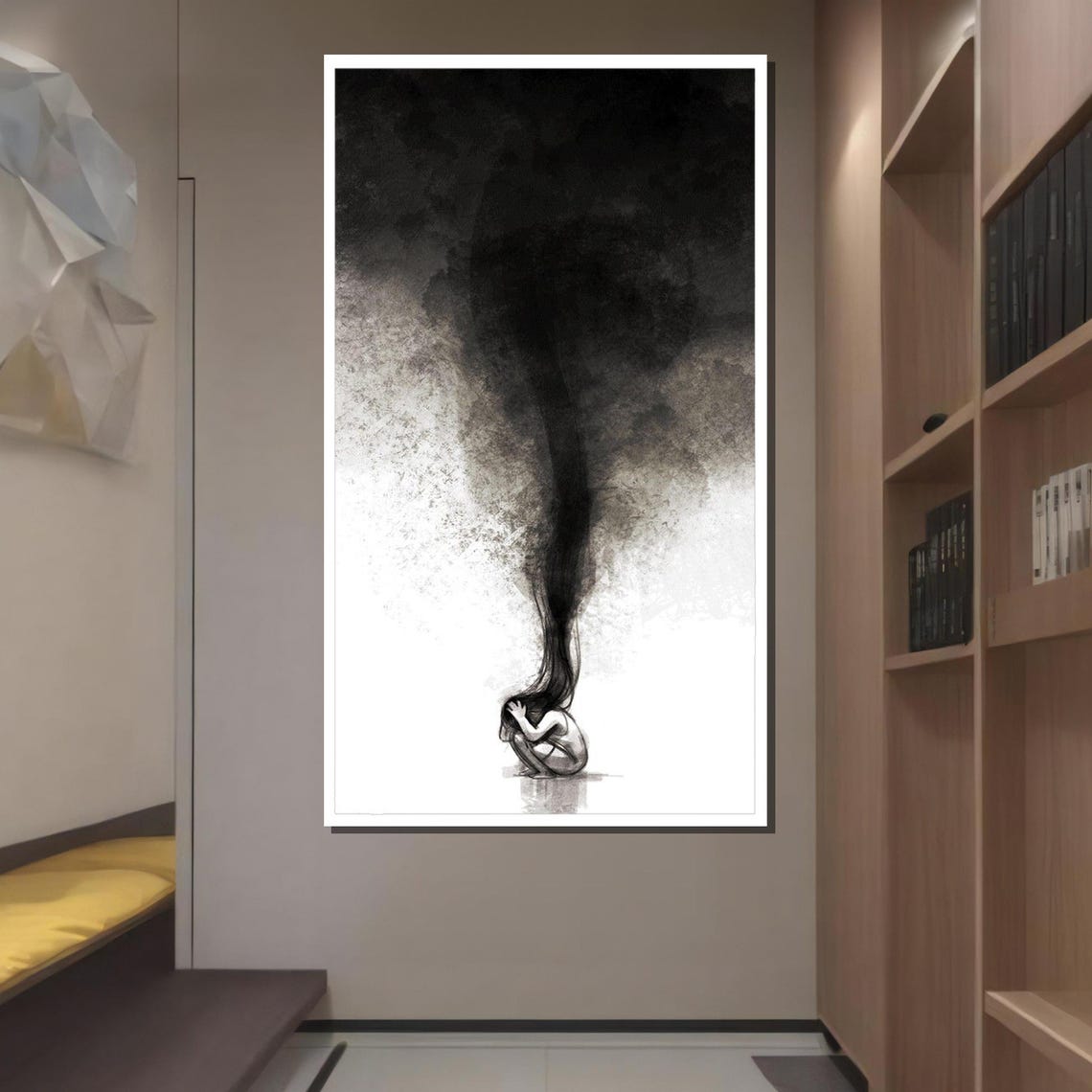 Inner Storm Grayscale Woman Crouched Under Dark Cloud Ink Wash Poster - Image 2