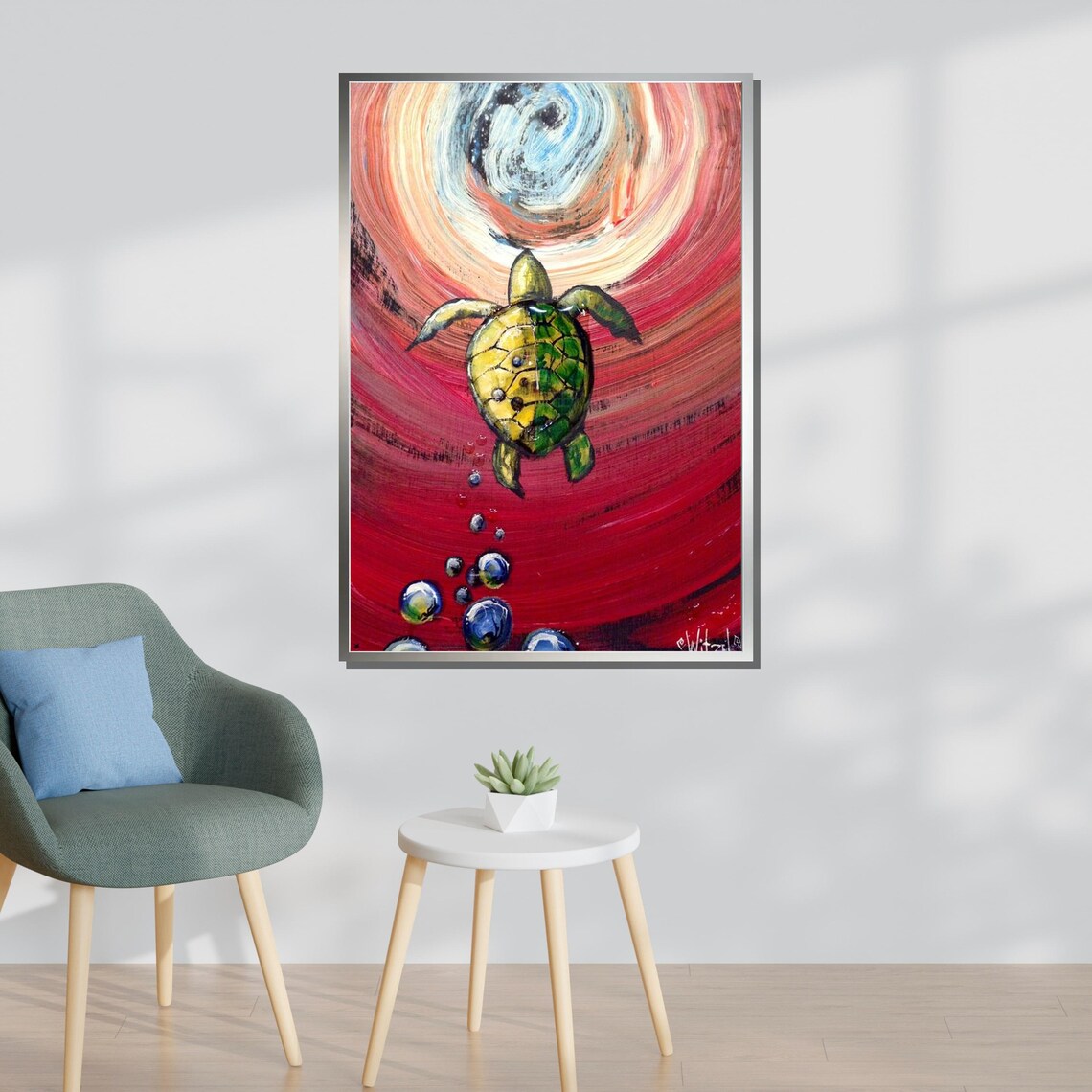 Sea Turtle Swimming Swirling Red Ocean Whirlpool Colorful Art Poster - Image 3