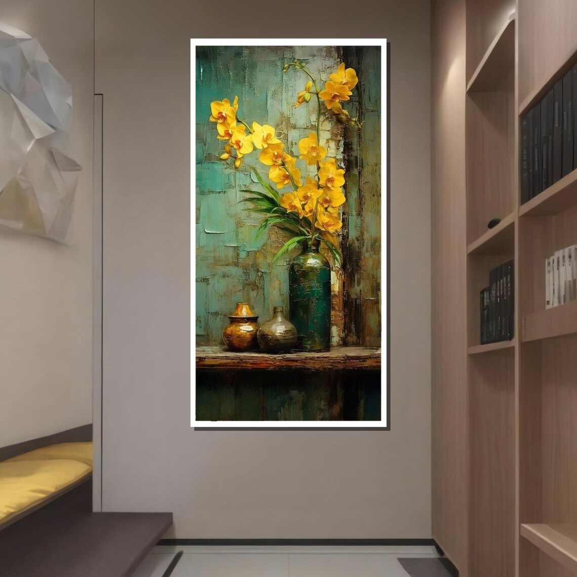 Golden Yellow Orchids Vase Still Life Vintage Botanical Art Print - Image 2