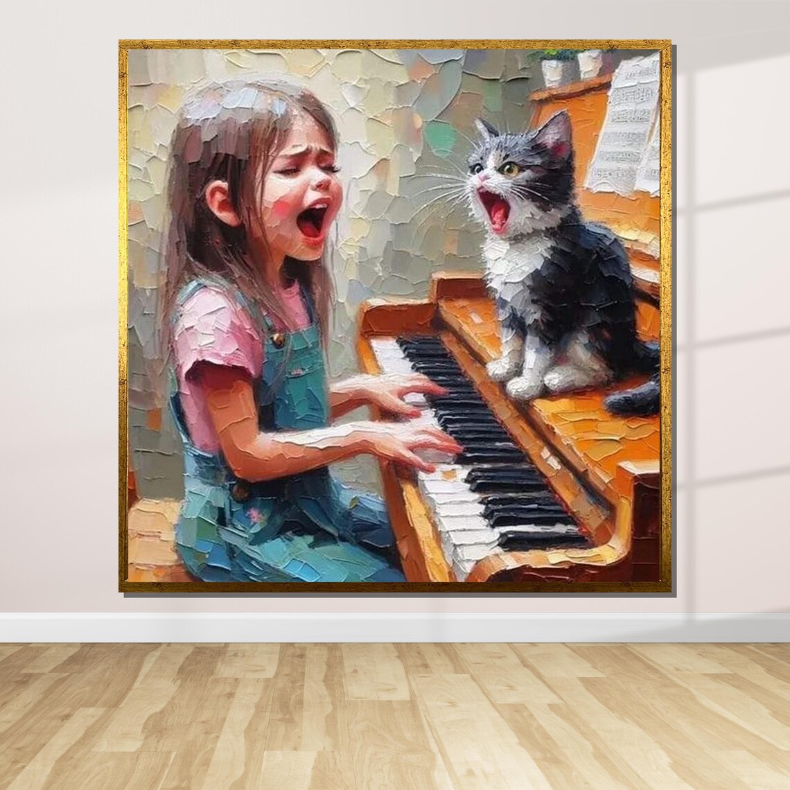 Singing Girl and Cat Whimsical Wall Art Print