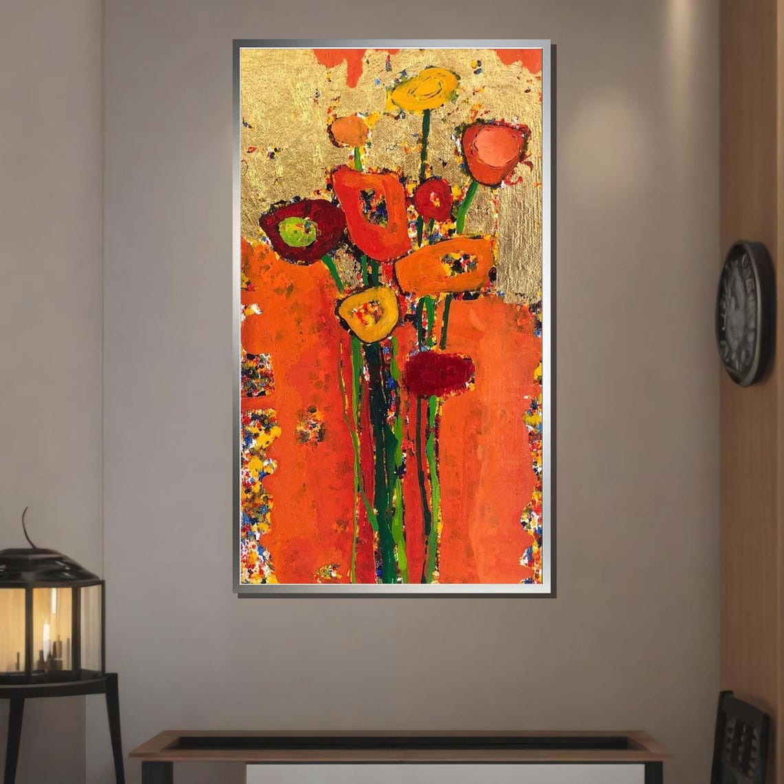 Bold Red Orange Poppy Abstract Floral Modern Gold Accent Art Print - Image 3