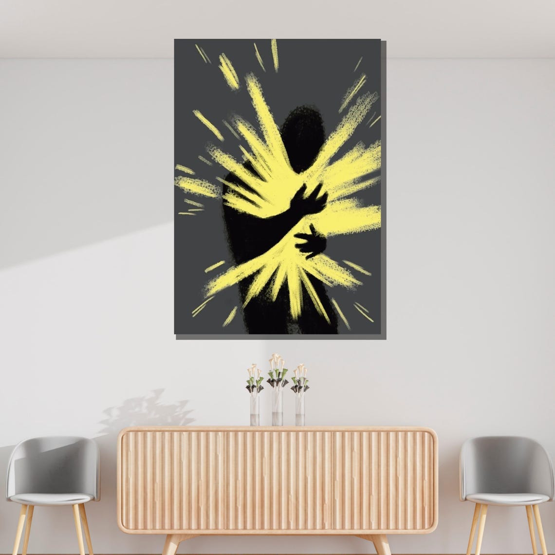 Radiant Energy Burst Human Silhouette Yellow Light Minimal Art Poster - Image 3