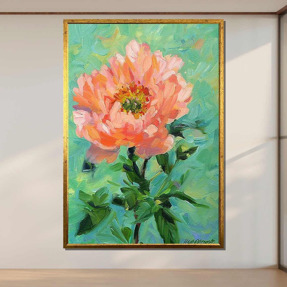 Pink Peony Bloom Impasto Floral Painting Coral Flower Botanical Poster - Image 2