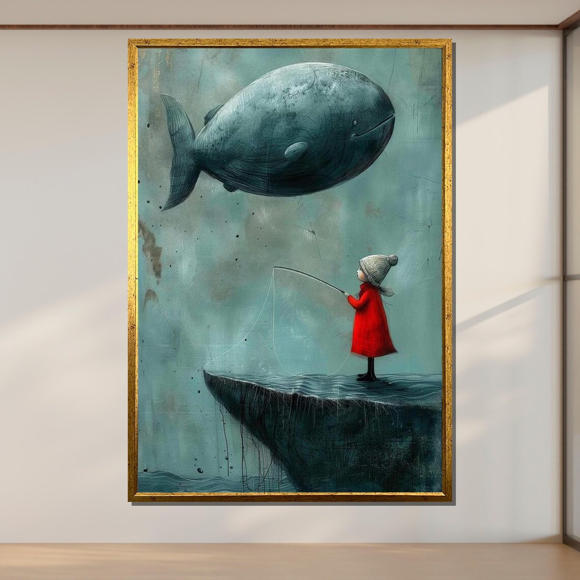 Little Girl And Whale Surreal Dream Sky Fishing Fantasy Art Poster