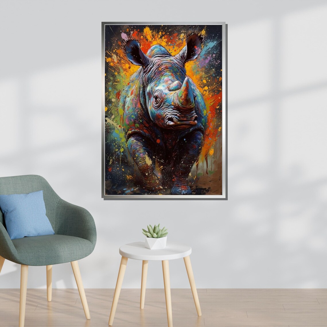Colorful Rhino Charging Paint Splatter Abstract Wildlife Art Wall Poster - Image 3