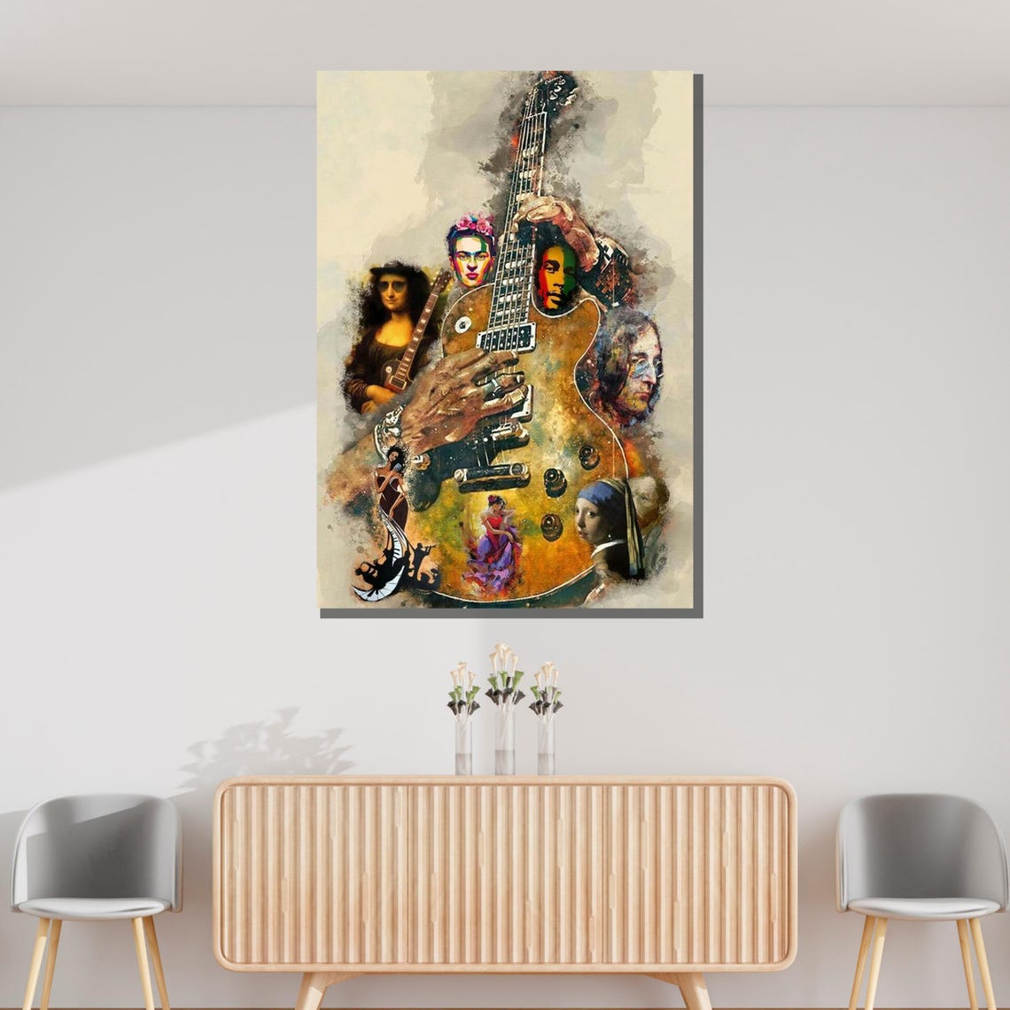 Famous Art Icons Electric Guitar Collage Mona Lisa Frida Kahlo Poster - Image 3