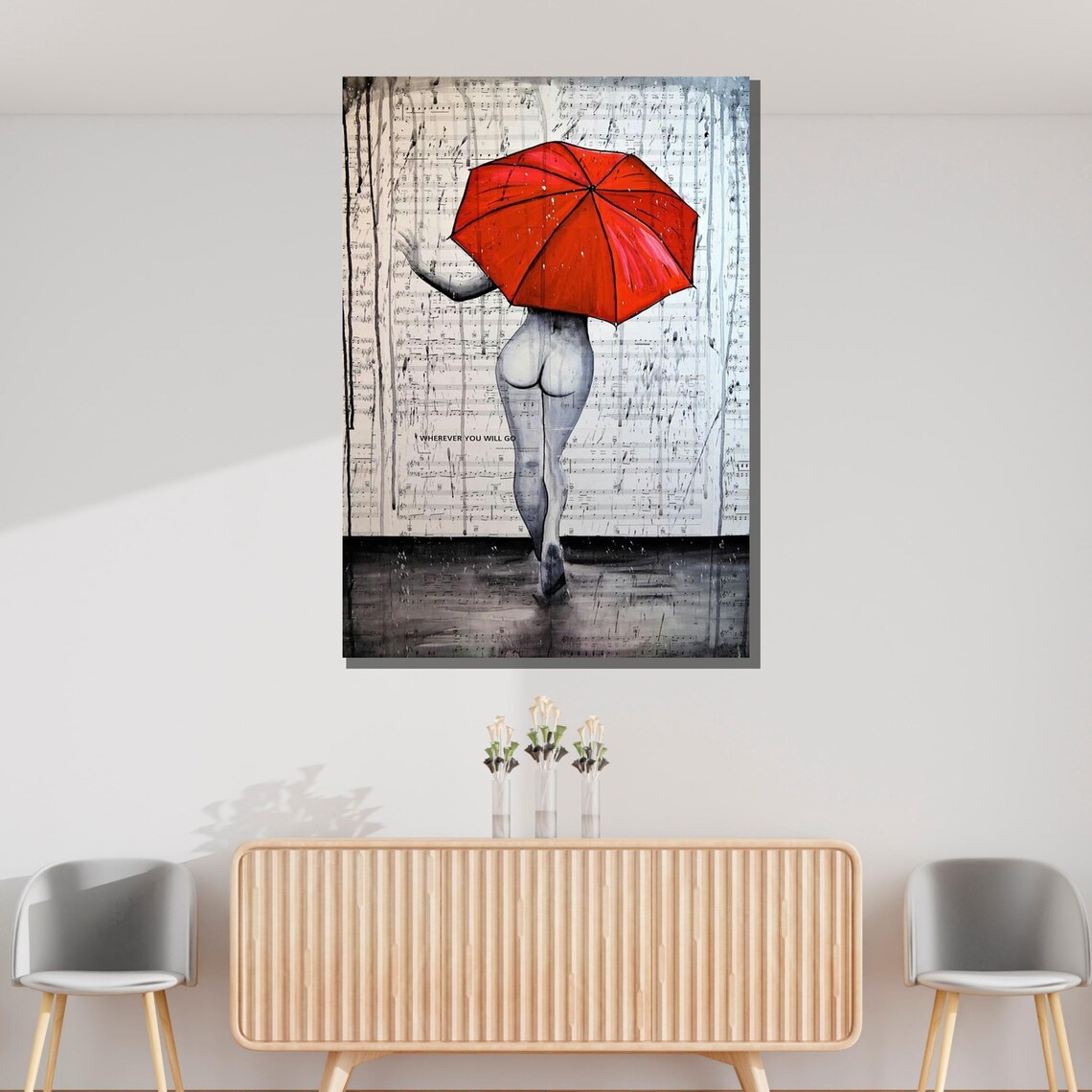 Sensual Nude Woman Red Umbrella Rainy Music Sheet Background Art Poster - Image 3