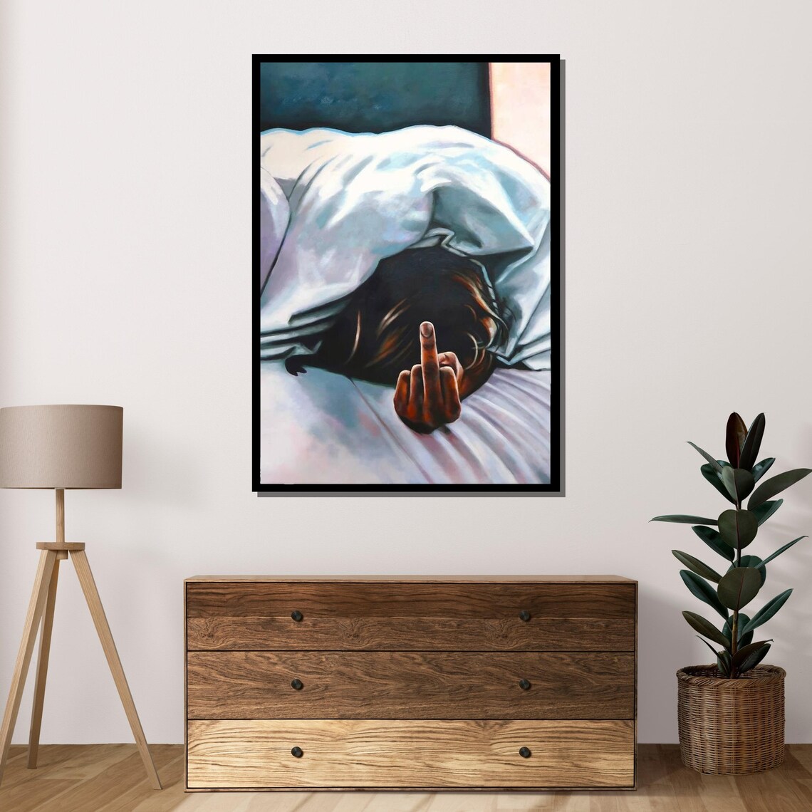 Defiant Middle Finger In Bed Edgy Humorous Modern Art Poster