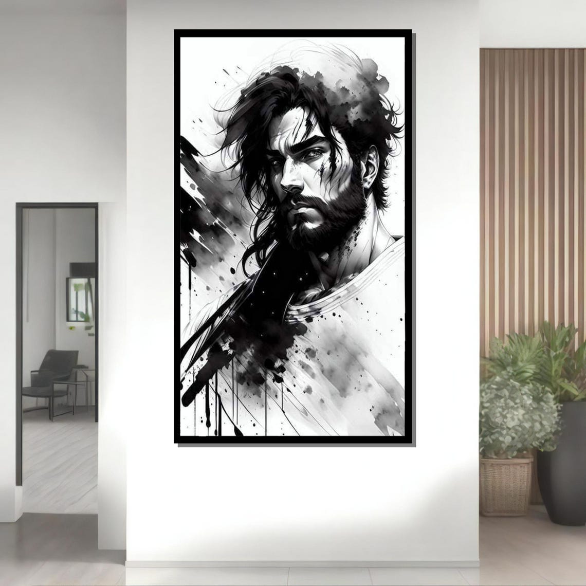 Intense Warrior Portrait Art Black And White Bold Male Figure Print Dramatic Wall Decor Ready To Hang Artwork