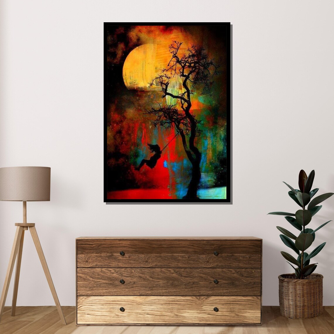 Girl on Swing Under Golden Moon Dreamlike Silhouette Tree Art Poster - Image 4
