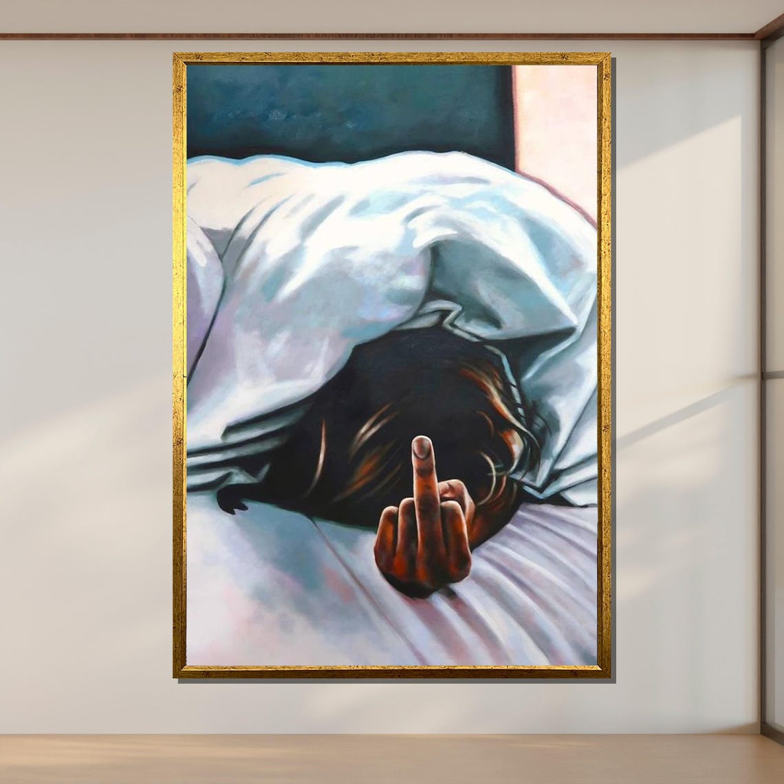 Defiant Middle Finger In Bed Edgy Humorous Modern Art Poster - Image 2