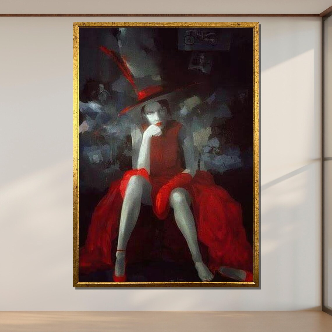 Mysterious Lady In Red Dress And Hat Noir Femme Fatale Portrait Wall Poster