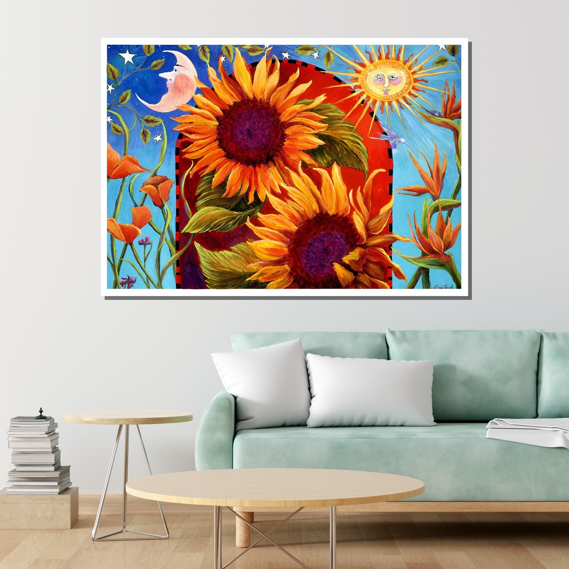 Whimsical Sunflower Folk Art Smiling Sun Moon Colorful Floral Poster - Image 4