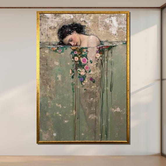Surreal Floral Woman In Water, Dreamlike Art Print