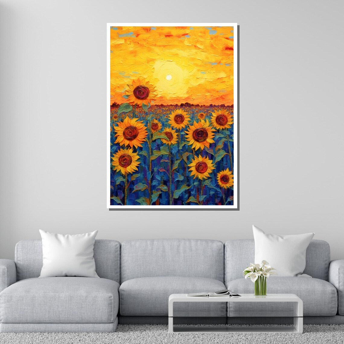 Sunflower Field Sunset Golden Hour Vibrant Impasto Floral Art Poster - Image 2