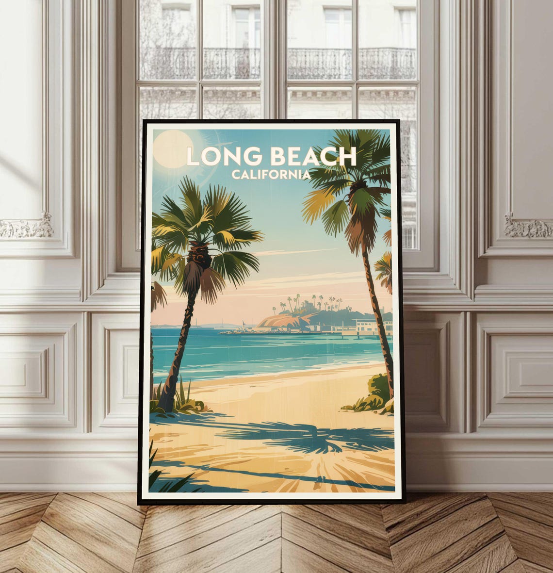 Long Beach California Palm Trees Sunny Beach Retro Travel Poster
