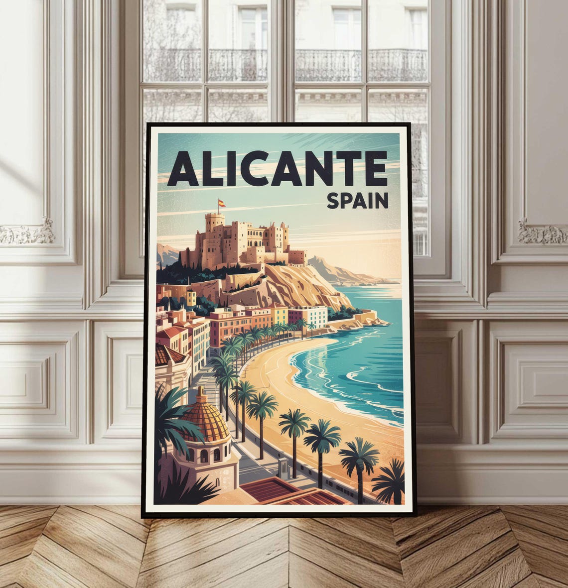 Alicante Spain Vintage Travel Beach Castle Coastal View Poster