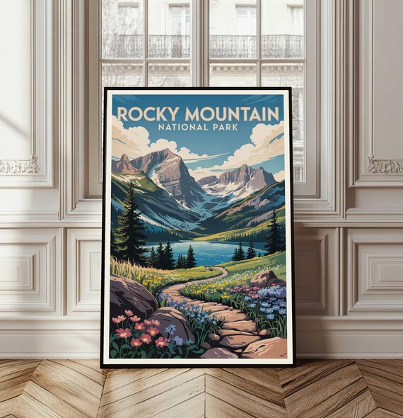 Rocky Mountain National Park Vintage Travel Style Mountain Lake Poster