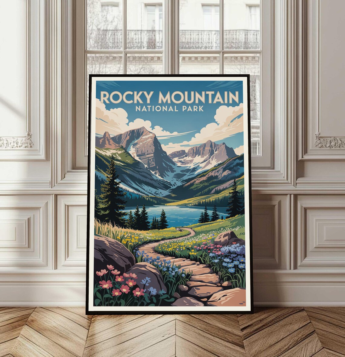 Rocky Mountain National Park Vintage Travel Style Mountain Lake Poster