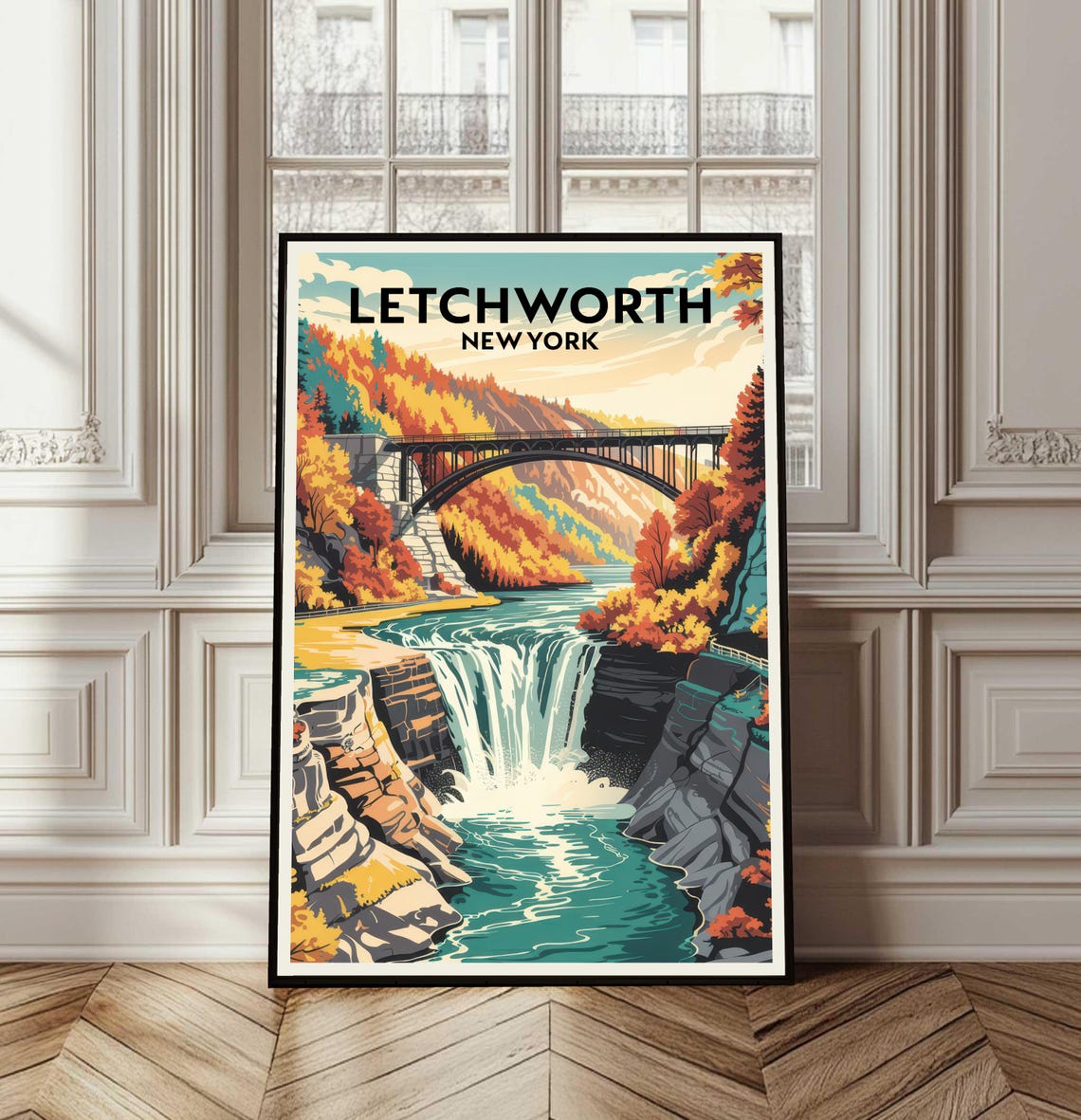 Letchworth New York Fall Foliage Waterfall Bridge Travel Poster