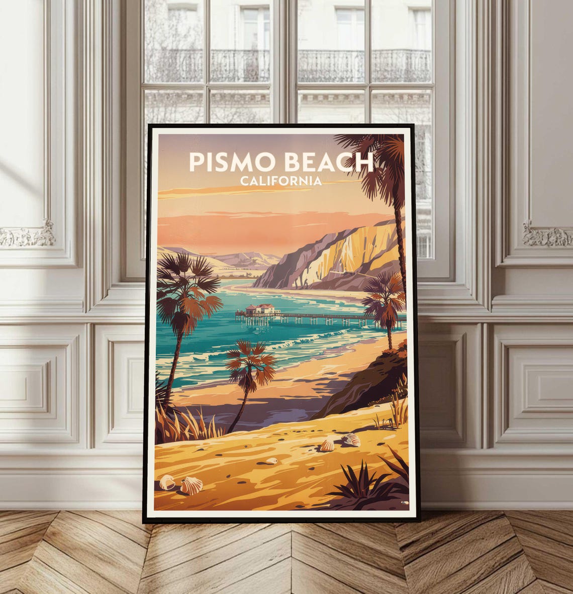 Pismo Beach California Sunset Pier Palms Cliffs Coastal View Poster