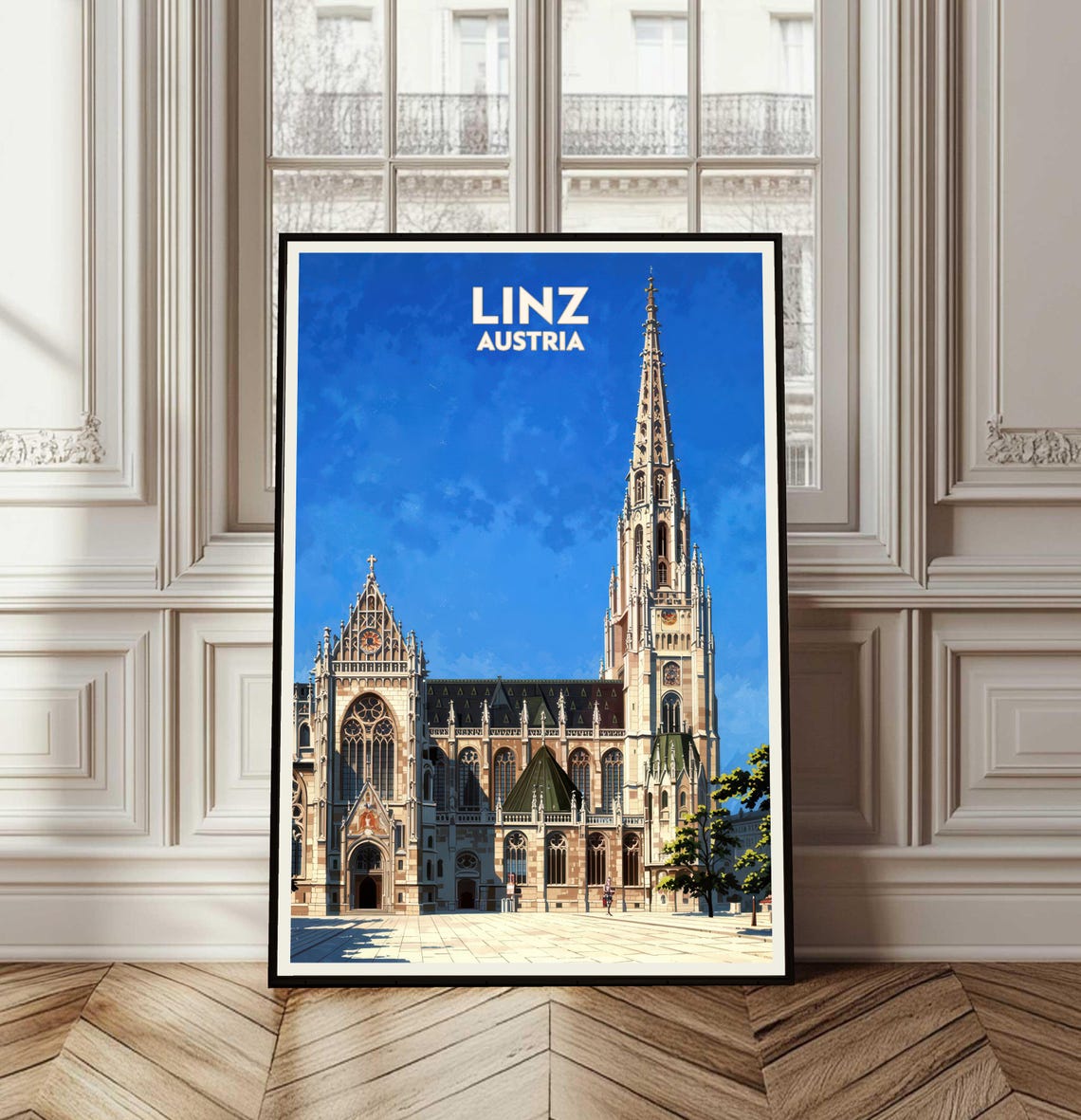 Linz Austria New Cathedral Vintage Travel Poster Blue Sky Landmark