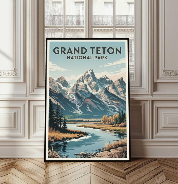 Grand Teton National Park Vintage Travel Poster Wyoming Peaks River Art