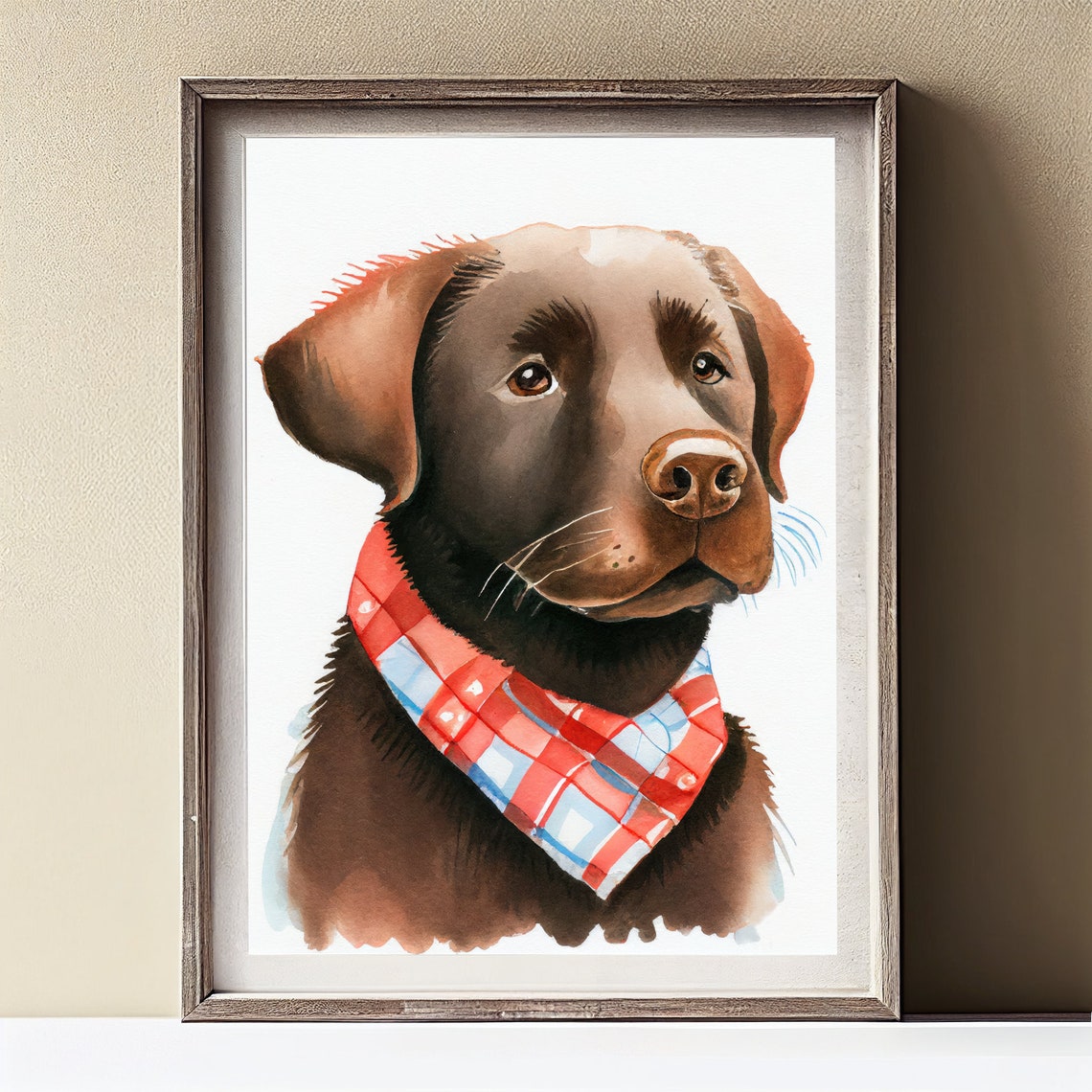 Chocolate Lab Puppy Red Plaid Bandana Watercolor Portrait Poster