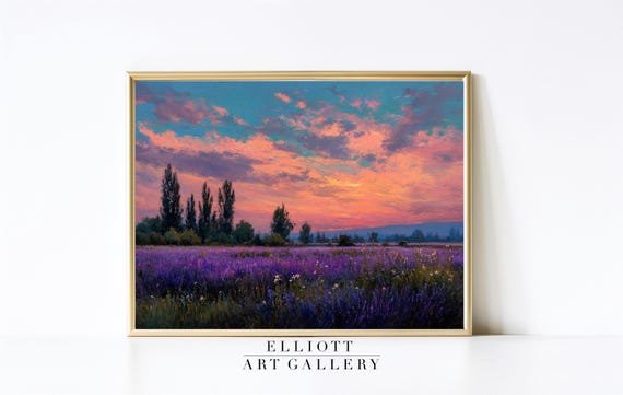 Vintage Sunset Print Cottage Landscape Painting Countryside Decor Farmhouse Living Room E1072