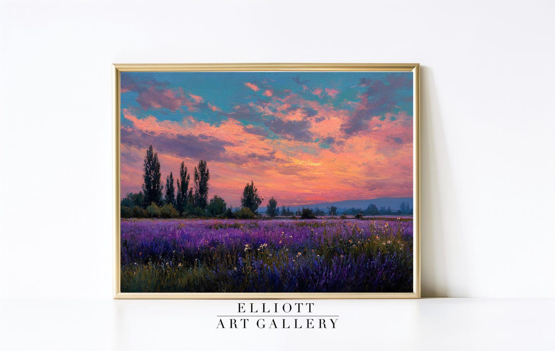 Lavender Field Sunset Purple Meadow Vintage Landscape Art Poster