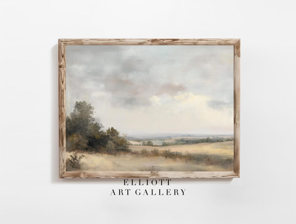 Muted Rustic Landscape Poster Neutral Fields Cloudy Sky Farmhouse Art