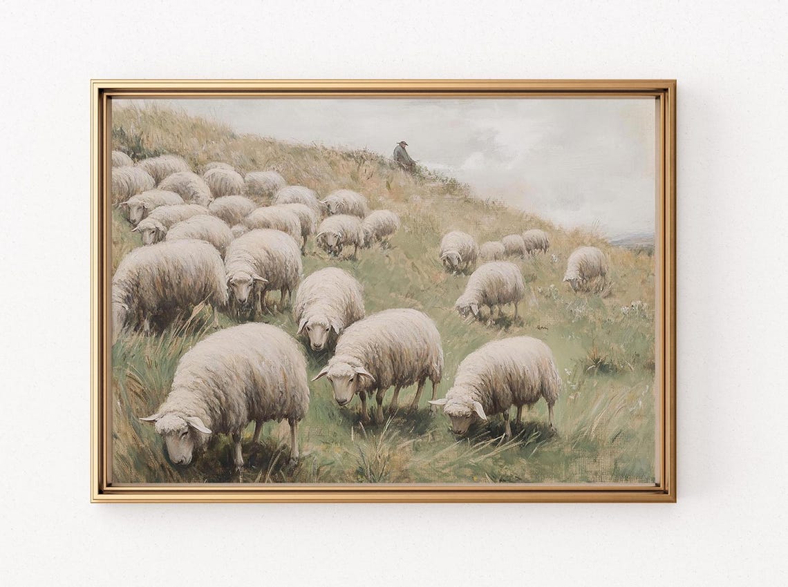 Vintage French Sheep Flock Grazing Hillside Shepherd Painting Poster