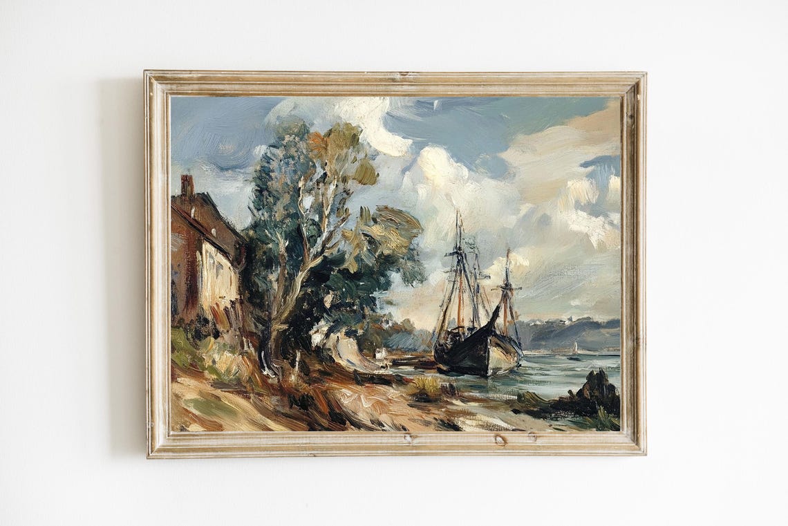 Vintage Coastal Oil Painting Sailing Ship Rustic Shore Art Print