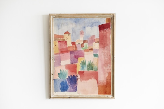 Rose and Blue Abstract Village Watercolor Modern Fine Art Poster